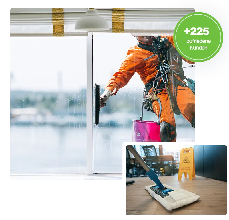 Gebäudereinigung - Mann mit orangefarbenem Overall abgesichert durch Seile, reinigt eine Fensterfront - Clean Team