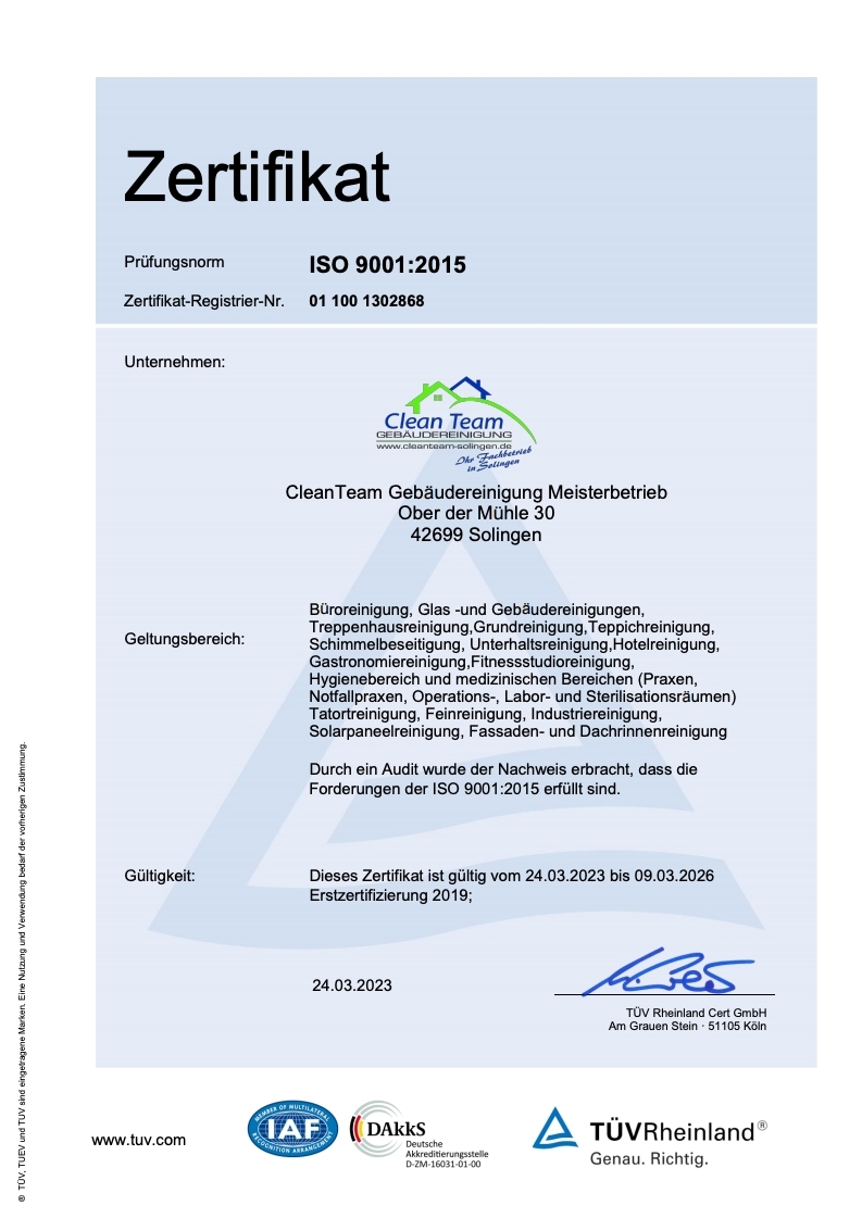 TÜV-Zertifikat für Clean Team Gebäudereinigung